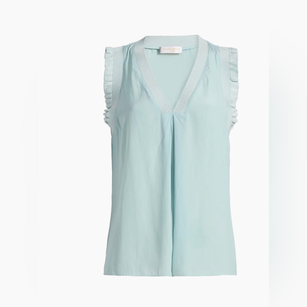 Ramy Brook Light Blue Sleeveless V-Neck Ruffle Blouse, M. NWT.